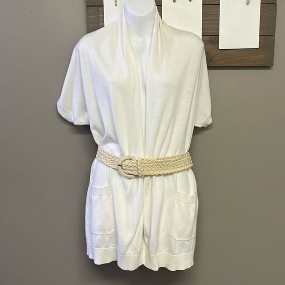 Michael Kors Cream Short Sleeve Cardigan Sweater Tunic with Beige Belt- Small - Picture 1 of 12